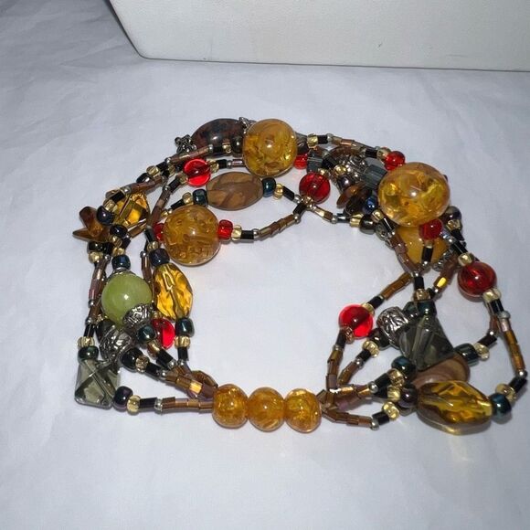 Boho Glass, Wood and Seed Bead Multi Strand Stretch Bracelet - Picture 6 of 7